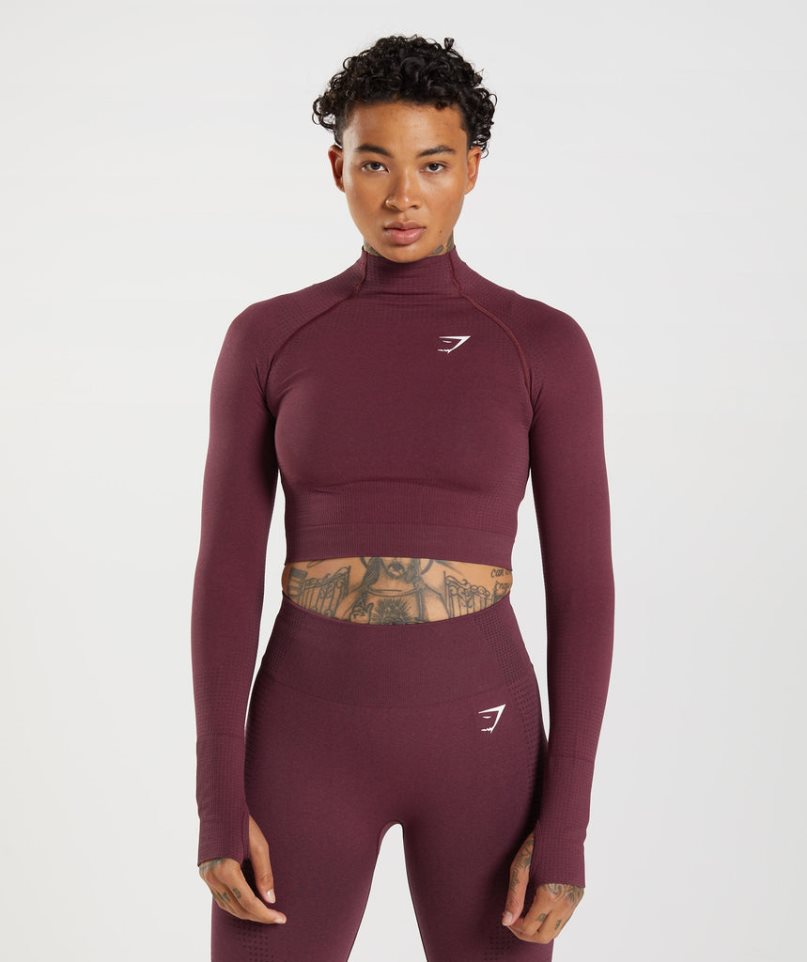 Women\'s Gymshark Vital Seamless 2.0 High Neck Midi Cropped Tops Burgundy | NZ 0CVOMK